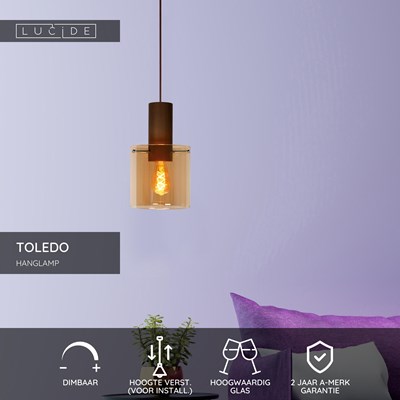 Lucide TOLEDO - Hanglamp - Ø 20 cm - 1xE27 - Amber